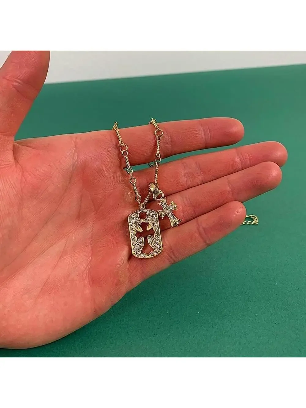y2k 2000s style grunge gold chrome rhinestone cross dog tag style pendant